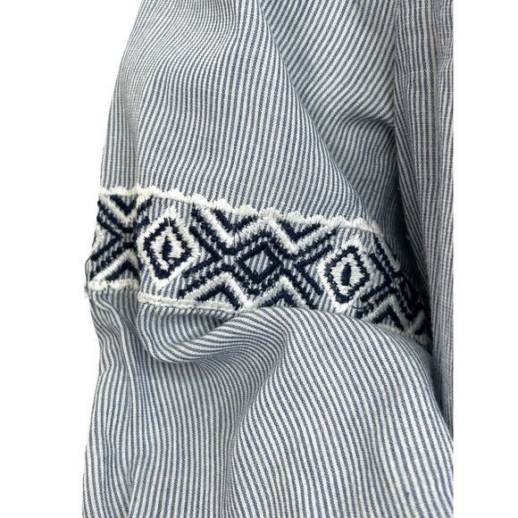 Westport Blouse 1X Blue White Peasant Boho Long Sleeve Embroidery Geometric - Picture 8 of 13